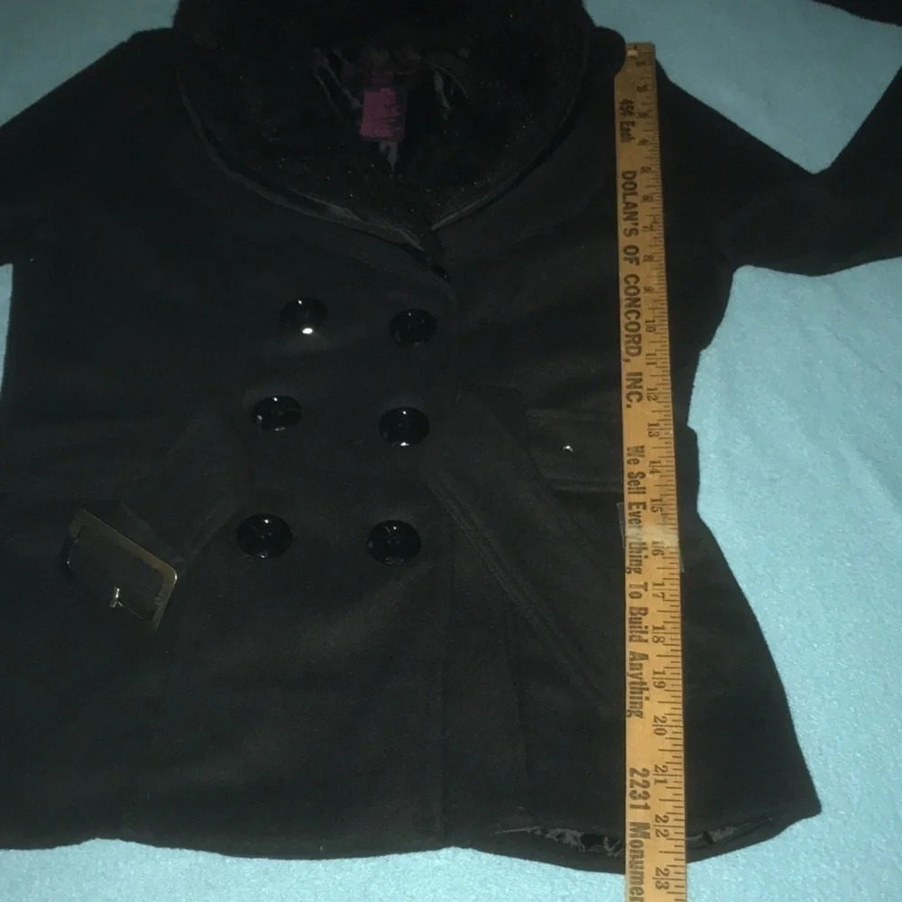 NEW LOOK wool double breasted, belted, removable faux fur collar black size S - Picture 7 of 9